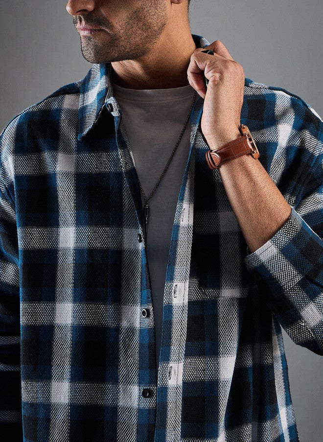 CHIMPAAANZEE Oversized Tartan Checked Spread Collar Casual Shirt - Image 2